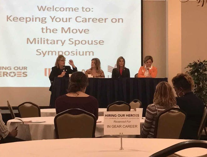 During a "Real Spouses: Real Stories" panel Wednesday morning at Joint Base McGuire-Dix-Lakehurst, women who work with or are part of military families spoke to military spouses about postmilitary work and educational opportunities. From left are Karen Golden, Tracy Frazier-Davidson, Marnie Holder and Cassie Cole.