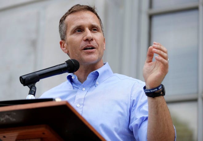 Missouri Gov. Eric Greitens speaks to supporters during a rally May 23 outside the state Capitol in Jefferson City. Greitens was calling for a special session, and on Wednesday called for another special session, this time to consider abortion regulations. [AP Photo/Jeff Roberson]