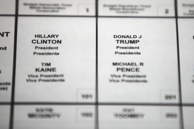 This Oct. 14, 2016 file photo shows Democratic presidential candidate Hillary Clinton's and Republican presidential candidate Donald Trump's names printed on a ballot on a voting machine to be used in the upcoming election, in Philadelphia. .[AP Photo/Matt Rourke]
