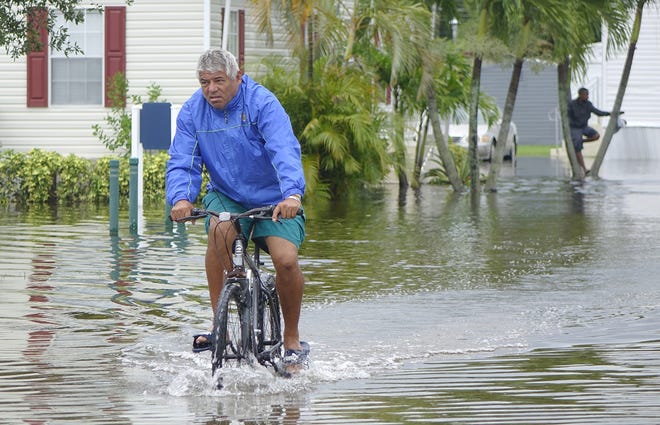 Dario Pavan rides his bicycle down a flooded SW 5th St., from his home in Sunshine Village, Wednesday, June 7, 2017, in Davie, Fla. Several days of constant rain has caused flooding throughout Broward and Palm Beach Counties. (Joe Cavaretta/South Florida Sun-Sentinel via AP)