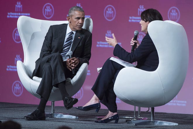 Former President Barak Obama speaks during a question and answer with Sophie Brochu at the convention center in Montreal, Quebec, Tuesday, June 6, 2017. THE ASSOCIATED PRESS