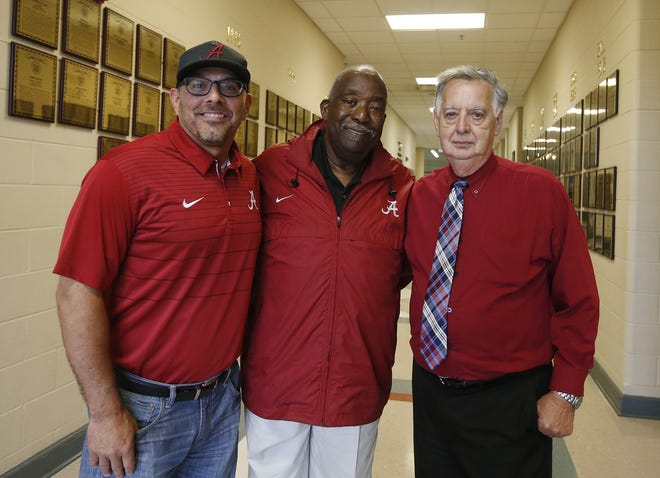 Alabama softball coach Patrick Murphy, left, Roosevelt Spencer and Jim Jayne are some of the new inductees into the West Alabama Softball Hall of Fame seen at the Belk Activity Center in Tuscaloosa on Monday. [Staff Photo/Erin Nelson]