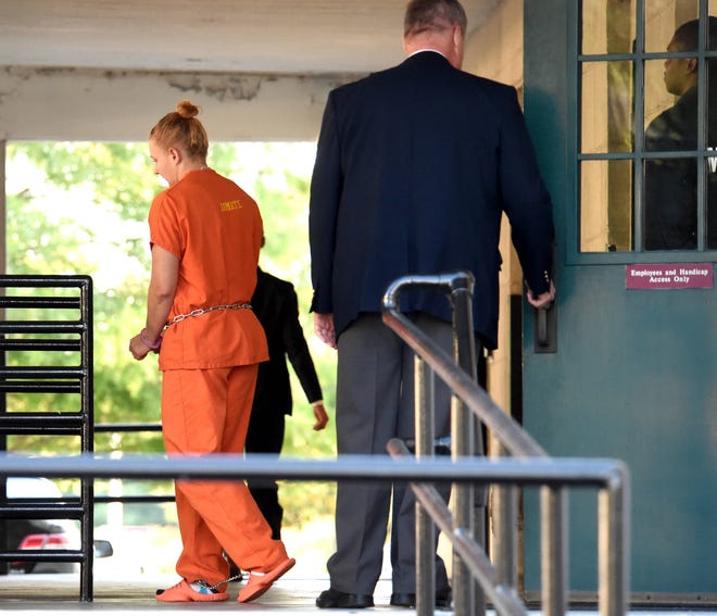 Reality Winner, accused of leaking a sensitive document to an online news outlet, leaves the U.S. District Courthouse in Augusta after a bond hearing Thursday.