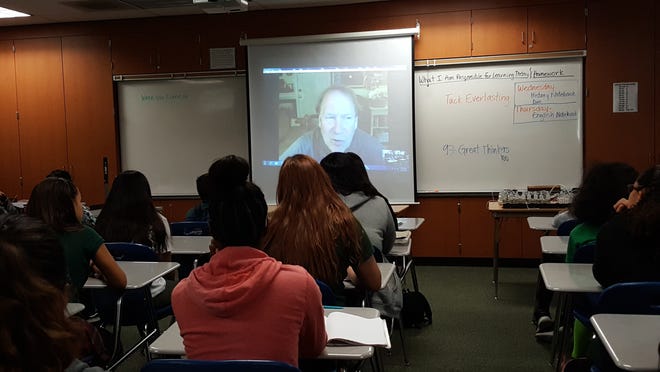 Dr. Patrick Hunt, a National Geographic grantee and longtime Stanford University professor, spoke to a group of 35 seventh-graders at Hook via online video chat on May 31 upon invitation from teacher Nancy Noble. [Submitted photo]