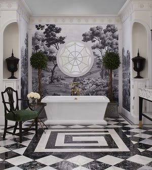 Some designers clearly don't distinguish between baths and the rest of the house. In this bath by Susan Jamieson of Bridget Beari Designs, she combines Georgian, classic and Charleston architectural elements with a contemporary Fitzgerald soaking tub from DXV. There's a focal point English Parks wallcovering from Mural Sources to anchor the tub, black urns in built-in niches, a graphic marble floor tile and real furniture, with an elegant sink (at right) that looks like a table, with ribbed marble apron and black legs with brass sabots. All in black and white -- with a little pop of dark green in the velvet seat cushion, riffing off the green leaves from the topiary trees in square English planters.