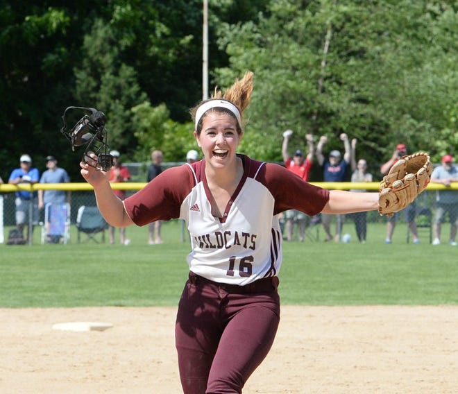 West Bridgewater's pitcher Allison May jumps for joy at the conclusion their game on Saturday, June 10, 2017 at Taunton High School. 
(Marc Vasconcellos/The Enterprise)