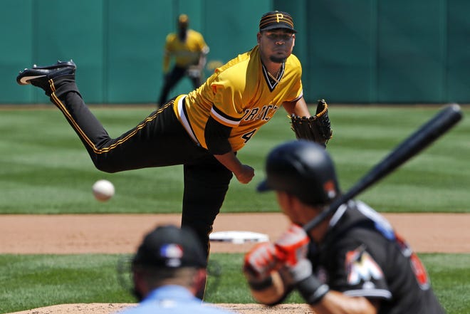 Pittsburgh Pirates starting pitcher Ivan Nova delivers in the fourth inning of a baseball game against the Miami Marlins in Pittsburgh, Sunday, June 11, 2017. The Pirates won 3-1, with Nova recording the win. (AP Photo/Gene J. Puskar)
