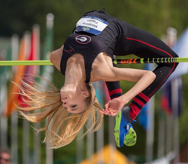 Madeline Fagan of Georgia cleared 6 feet, 3 1/2 inches to win the women's high jump for Georgia during the final day of the NCAA Outdoor Track and Field Championships at Hayward Field in Eugene, Ore. Saturday, June 10, 2017. (Brian Davies/The Register-Guard)