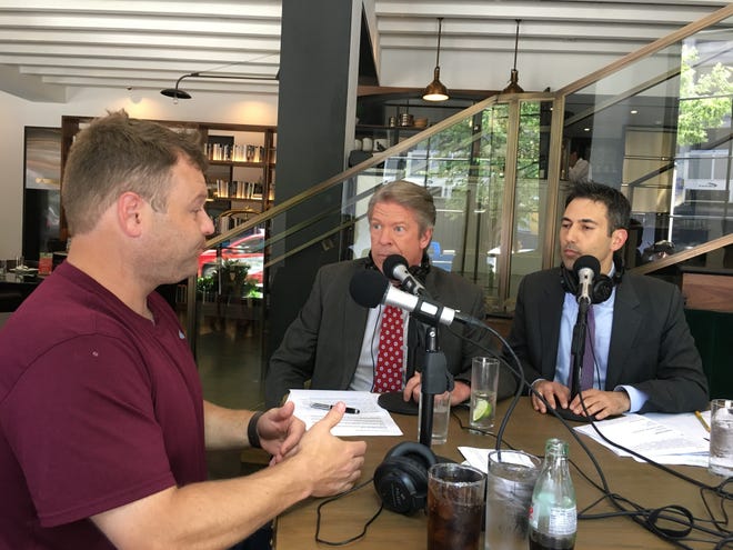 Comedian Frank Caliendo (left) appeared on "The Takeout," a podcast hosted by CBS' Major Garrett (center) and Steve Chaggaris.