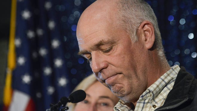 In this May 25, 2017, file photo, Republican Greg Gianforte speaks to supporters after winning Montana’s open congressional seat, defeating Democrat Rob Quist, in Bozeman, Mont. Gianforte pleaded guilty on Monday, June 12, 2017, to assaulting a reporter the day before the election. (Rachel Leathe/Bozeman Daily Chronicle)