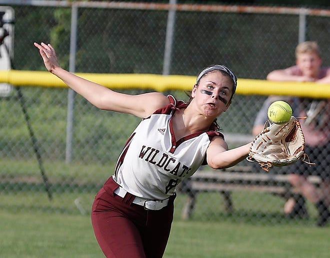 West Bridgewater (8) Sophi Morse makes the catch to end the inning of the MIAA State Semi-Finals at Taunton on Tuesday, June 13, 2017.

Dave DeMelia/The Enterprise