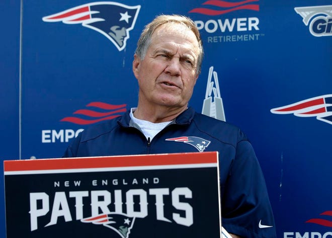 New England Patriots head coach Bill Belichick takes questions from members of the media before NFL football practice, Tuesday, June 13, 2017, in Foxborough, Mass. (AP Photo/Steven Senne)