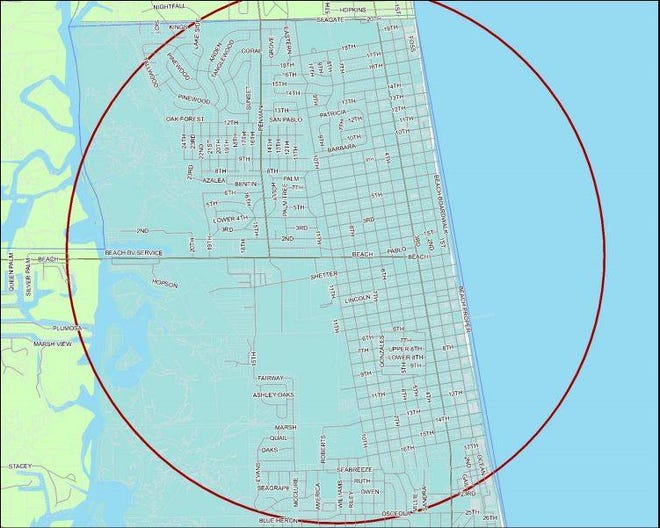 The rabies alert area is bordered on the south by Osceola Avenue at Blue Heron Lane, on the north by Seagate Avenue at Penman Road, on the west by the Intracoastal Waterway at Beach Boulevard and east by the Atlantic Ocean. (Florida Department of Health)