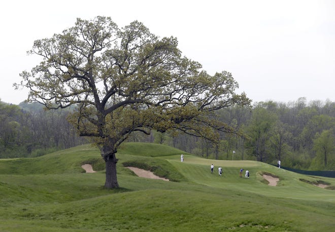 FILE - In this May 17, 2017, file photo, a lone oak tree stands between the 15th and 16th holes during the U.S. Open golf tournament media day at Erin Hills, Wis. Erin Hills is the longest U.S. Open course in history. The rough is thick, as usual. It may make for an ultimate test of golf, but those expecting another major showdown between Henrik Stenson and Phil Mickelson, a la last year's British Open, or Sergio Garcia and Justin Rose, a la this year's Masters, might be disappointed. (Rick Wood/Milwaukee Journal-Sentinel via AP)