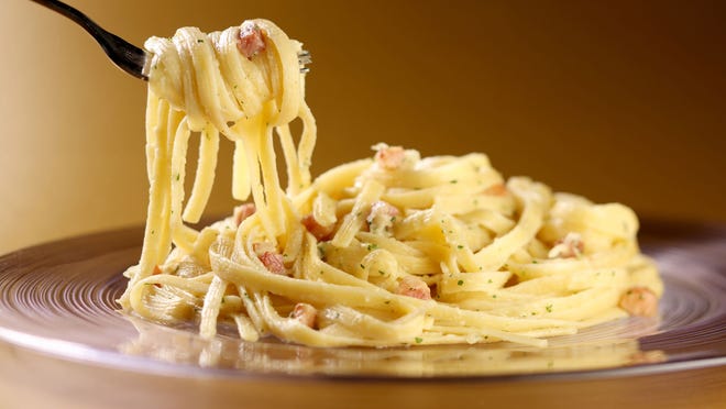 TRIBUNE NEWS PHOTO/MICHAEL TERCHA Modern pasta carbonara, with the egg cooked sous vide for an hour, still has the other elements of the classic dish: cheese and pancetta.
