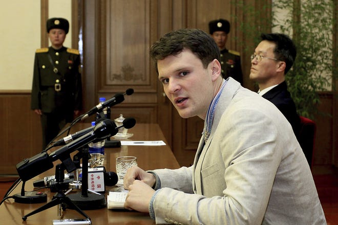 In this 2016 file photo, American student Otto Warmbier speaks to reporters in Pyongyang, North Korea. Secretary of State Tillerson said Tuesday that North Korea released the jailed U.S. university student. [Kim Kwang Hyon, Associated Press]