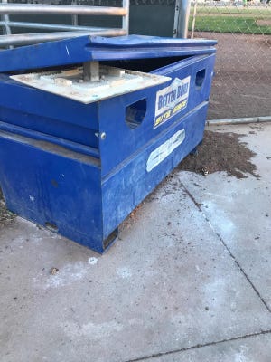 A field equipment container at Sunset Ridge Park was unsuccesfully broken into last week before the entire container was ultimately stolen. [Photo courtesy of Victorville American Little League]