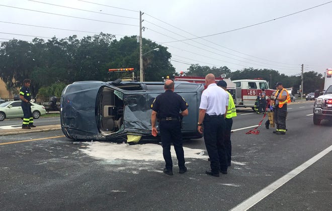 At least one person was injured when a van and an SUV collided on U.S. Highway 441 in Leesburg just before 8 a.m. Wednesday. [TOM MCNIFF / DAILY COMMERCIAL]