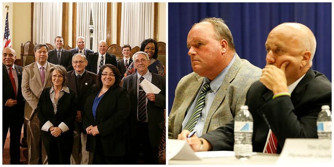 During the fiscal 2018 budget hearings, the Brockton City Council (left) voted to reduce the police overtime budget from the $1.32 million recommended by Carpenter to $990,414, against the will of Mayor Bill Carpenter (right, right side picture) and Police Chief John Crowley (left of right side picture).