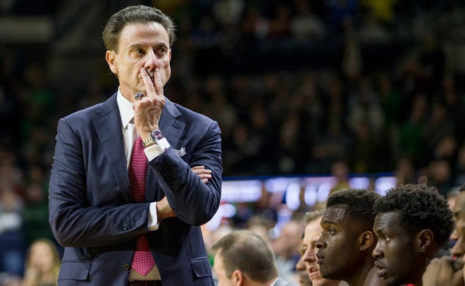 FILE - In this Jan. 4, 2017, file photo, Louisville head coach Rick Pitino looks on as his team falls behind late in the second half of an NCAA college basketball game against Notre Dame in South Bend, Ind. The NCAA suspended Pitino, Thursday, June 15, 2017, for five ACC games following sex scandal investigation. A former men's basketball staffer is alleged to have hired strippers to entertain players and recruits.  (AP Photo/Robert Franklin, File)