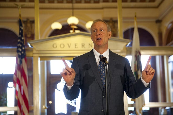 Gov. Bruce Rauner said Democrats should simply pass a tax increase to balance the budget if they are unwilling to approve his reform measures. Rauner commented on the budget stalemate during a press conference Wednesday, July 8, 2015 at the Capitol in Springfield, Ill. Rich Saal/The State Journal-Register