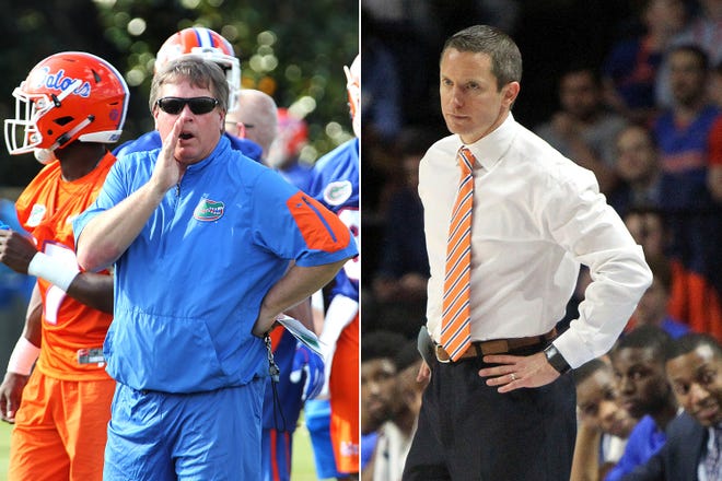 Gators coaches Jim McElwain, left, and Mike White are receiving contract extensions and pay raises, the University of Florida announced Friday. [File photos]