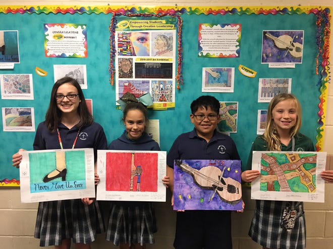 Four students from Palmer Catholic Academy of the Diocese of St. Augustine were named as finalists in Crayola’s 2016-17 Empowering Students Through Creative Leadership Art Exhibition, themed “What Creative Leadership Means to Me.” The finalists are eighth-grader Sarah DosSantos (from left), fourth-grader Ramey Neace, third-grader Jacob Valenzuela and sixth-grader Delaney Porazinsky. (Provided by Kathleen Bagg/Diocese of St. Augustine)