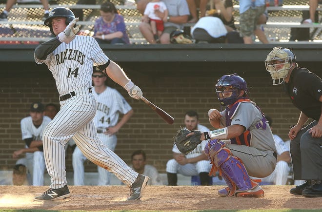Harris Yett watches his ball go foul as the Gastonia Grizzlies host the Martinsville Mustangs on Thursday at Sims Legion Park in Gastonia. [Mike Hensdill/The Gaston Gazette]