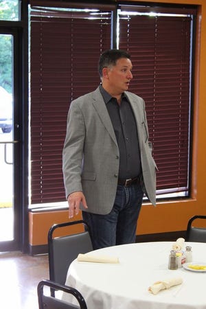 Schroder addresses a group of supporters at Kamal's Kafe in Gonzales on June 9.