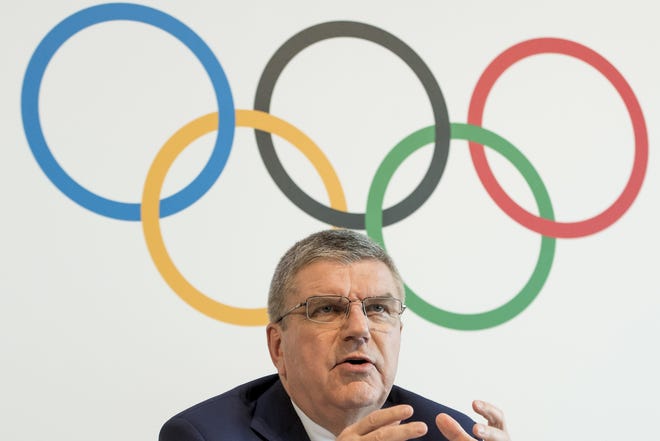 International Olympic Committee, IOC, President Thomas Bach from Germany, speaks during a press conference after an executive board meeting, at the Olympic Museum, in Lausanne, Switzerland, Friday, June 9, 2017. (Jean-Christophe Bott/Keystone via AP)