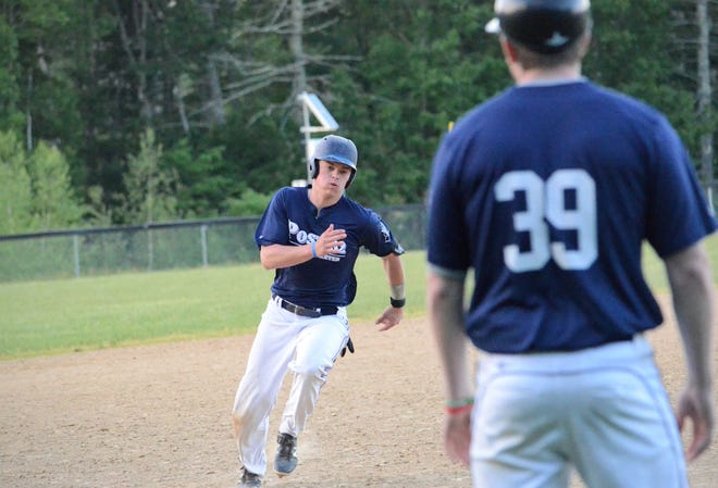 Exeter Post 32's Sean Lavery rounds third base during Thursday's District B game against Rochester Post 7. The two teams have met in the state championship game in each of the past two summers.