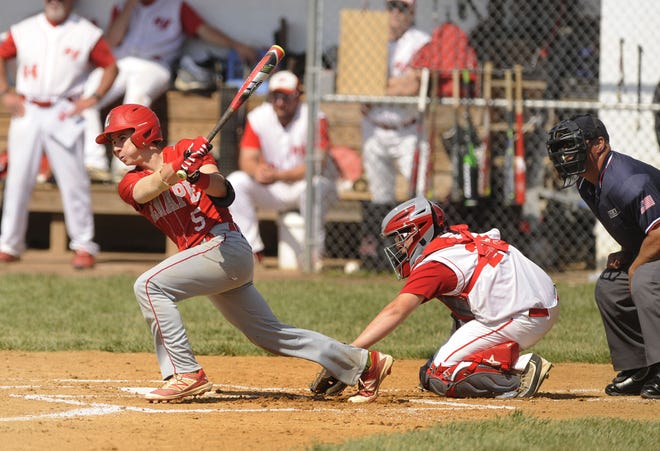 (File) Tommy Gardner hits an RBI single during Lenape's victory over Rancocas Valley in a South Jersey Group 4 semifinal game.