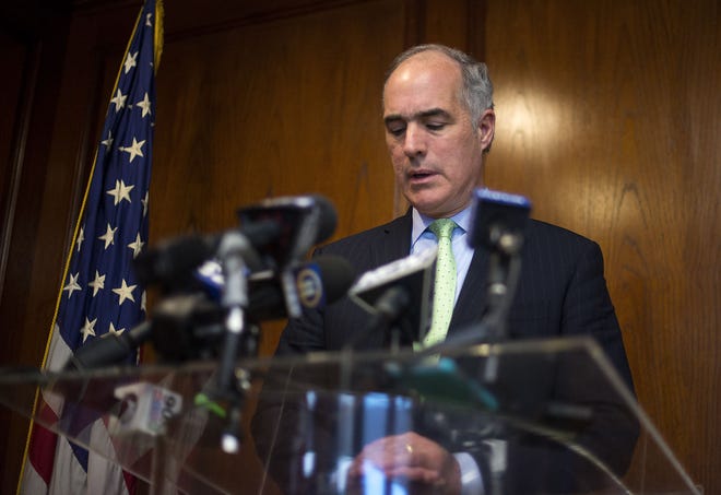 Democratic U.S. Sen. Bob Casey, shown here at a press conference last year, said the opioid epidemic will worsen if Medicaid health insurance programs are cut back.