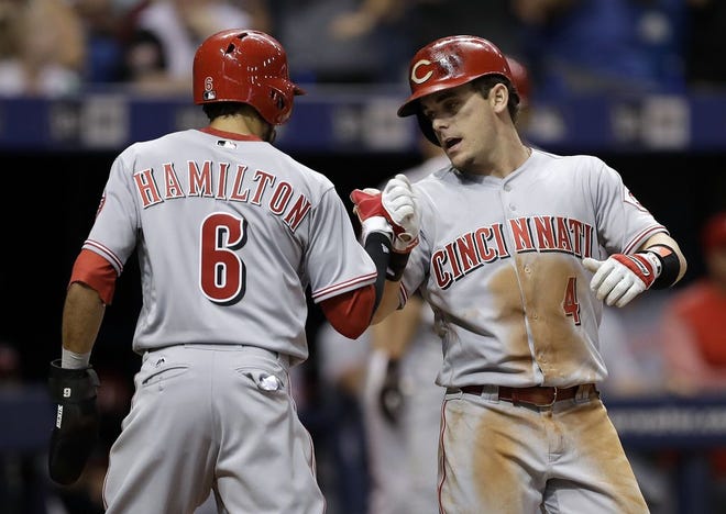 The Reds' Scooter Gannett celebrates with Billy Hamilton after Gannett hit a two-run homer off Rays starter Jake Odorizzi during the sixth inning. [Chris O'Meara/The Associated Press]