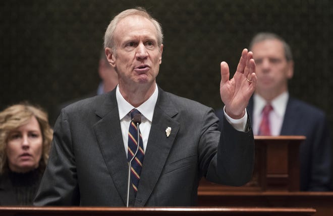 In this Jan. 25, 2017, file photo, Gov. Bruce Rauner speaks in the Illinois House chamber in Springfield, Ill. Already holding the title for longest state budget stalemate, Illinois is poised to enter a third year without a spending plan as the feud between Republican Gov. Rauner and Democrats controlling the Legislature drags on. They're expected to return to Springfield for a special session starting Wednesday, June 21, 2017, facing higher stakes to get a budget for the fiscal year that begins July 1. [TED SCHURTER/THE STATE JOURNAL-REGISTER]