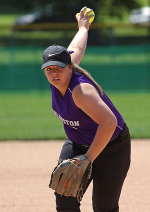 Burlington County's Kayla Pagano delivers a pitch against Delaware South in the Carpenter Cup at FDR Park in South Philadelphia on Wednesday, June 21, 2017.