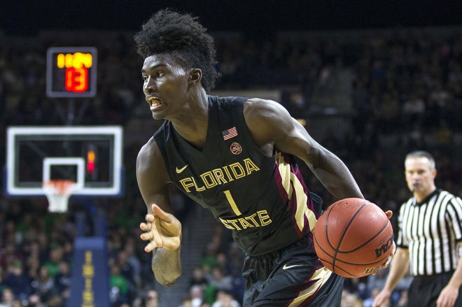 Florida State's Jonathan Isaac (1) drives during the second half of an NCAA basketball game against Notre Dame in South Bend, Ind. [AP FILE]