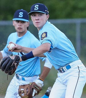 Sudbury Post 191's Keith Schmelter throws to first base during Sudbury's 7-6 win over North Chelmsford Post 313 on Wednesday night at Feeley Field in Sudbury.