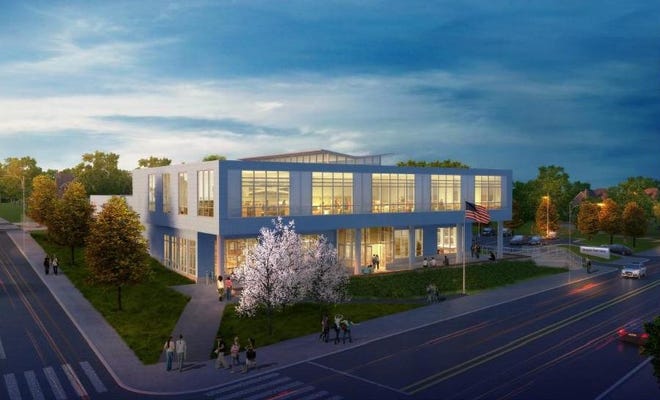 An exterior rendering of the $14 million renovated Stoughton Public Library, which could open in May 2018.
