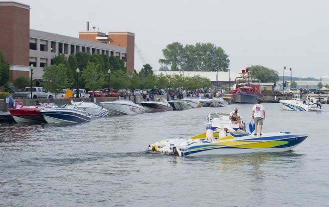 Powerboats line up near the Sheraton Bayfront Hotel for 2016's Erie Poker Run weekend. [FILE PHOTO/ERIE TIMES-NEWS]