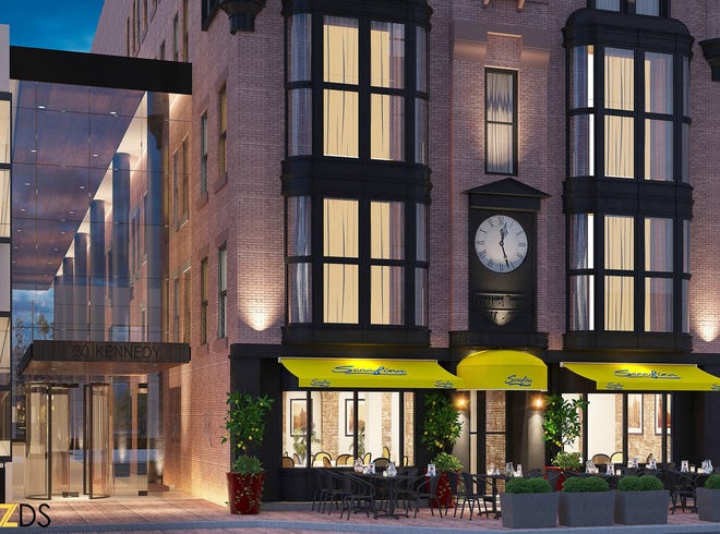 An architect's rendering of the Westminster Street front of the Beatrice Hotel redevelopment project proposed by former Providence Mayor Joseph R. Paolino Jr. at 30 Kennedy Plaza. On the first floor, Paolino says, a franchisee has agreed to operate an Italian restaurant, Serafina, which has locations in New York and Boston. [Courtesy of Eric Zuena]
