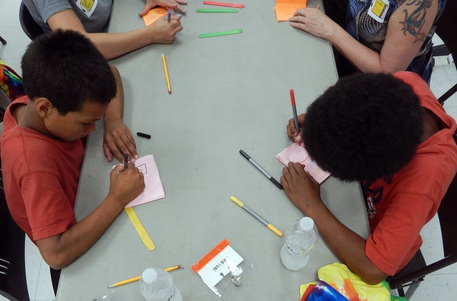 Gavin Pritzel, left, and Darion Pritzel work on their projects at the BiblioKids summer book camp at Taft Community Center. [MEGAN MAXEY/THE RECORD]