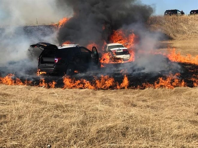 A Vacaville police patrol car and a stolen vehicle were engulfed in flames after a lengthy pursuit involving three fleeing juveniles from Stockton. [COURTESY OF VACAVILLE POLICE DEPARTMENT]