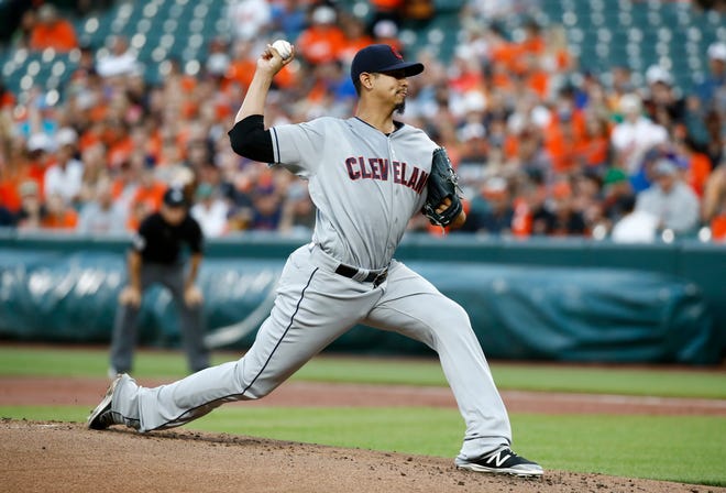Cleveland Indians starting pitcher Carlos Carrasco throws to the Baltimore Orioles in the first inning of a baseball game in Baltimore, Wednesday, June 21, 2017. (AP Photo/Patrick Semansky)