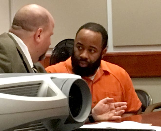 (file) Brandon Washington, of Trenton, who is charged with shooting two guards at the VFW in Willingboro of Feb. 16, appears at a prior hearing at the Burlington County Courthouse in Mount Holly.