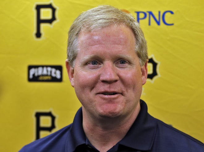 Pittsburgh Pirates senior vice president and general manager Neal Huntington speaks to reporters before a spring training game on March 7, 2016, in Tampa, Fla.