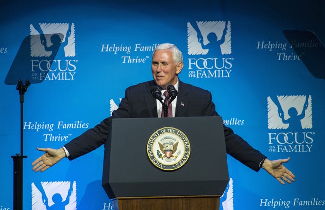 Vice President Mike Pence speaks during Focus on the Family's 40th anniversary celebration Friday, June 23, 2017, during his visit to Colorado Springs, Colo. (Christian Murdock /The Gazette via AP, Pool)