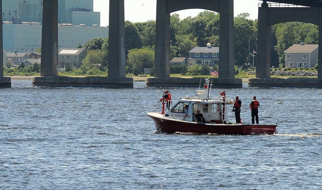 Fall River Fire Department Marine One searching the Taunton River north of the Braga Bridge after a person was reported to have jumped from the span on Thursday.