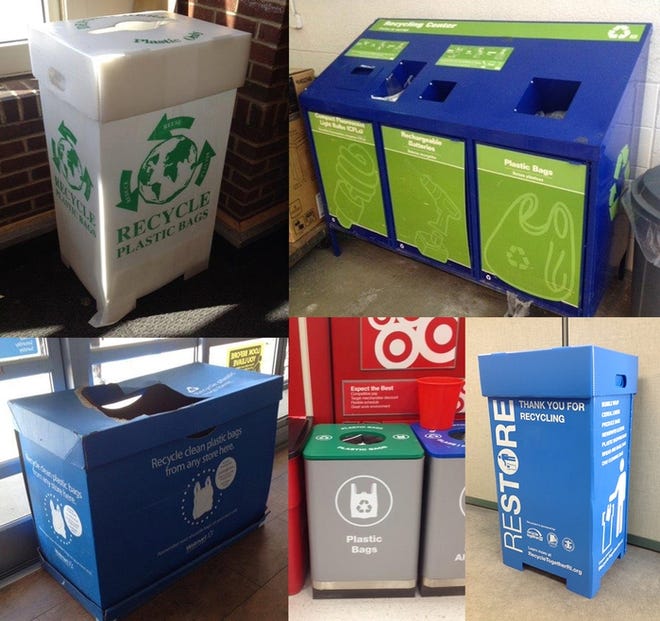 Containers for recycling plastic bags and film can be found near the entrance or exit of many large R.I. retailers. [Courtesy of RIRRC]