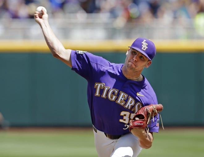 LSU's Alex Lange got the win in the Tigers' 3-1 victory over Oregon State in the College World Series on Friday. [Nati Harnik/The Associated Press/File]